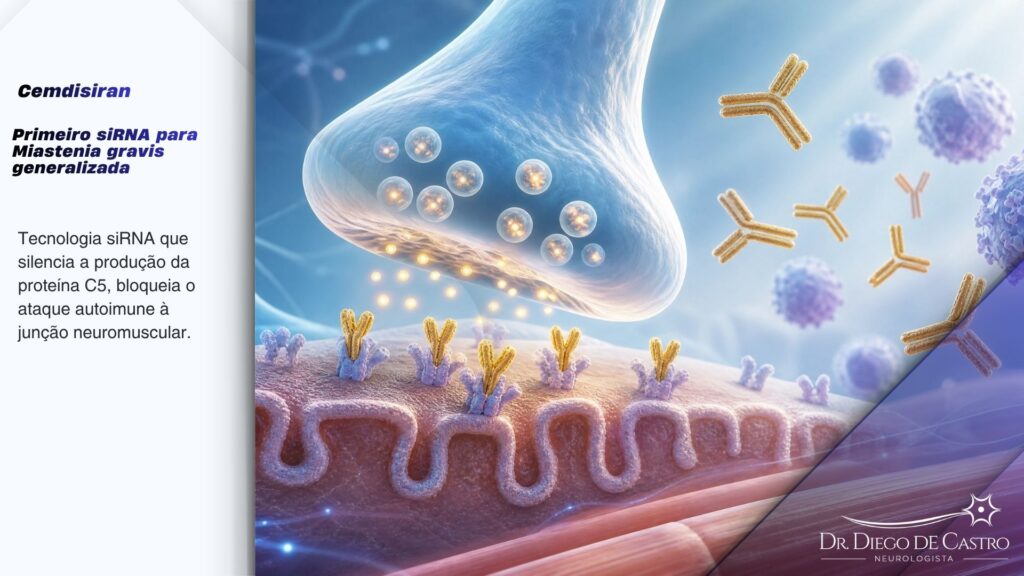 Ilustração médica detalhada da junção neuromuscular na Miastenia Gravis, mostrando anticorpos atacando receptores e o mecanismo de ação do siRNA (cemdisiran) inibindo a produção de C5 no fígado, destacando a intervenção terapêutica.