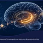 Cérebro humano com o hipocampo iluminado em dourado, representando os efeitos da depressão na neurogênese e na plasticidade cerebral.