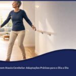Pessoa com ataxia cerebelar caminhando com cautela em casa, usando apoios para manter o equilíbrio.