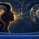 Ilustração de adolescente em perfil com conexões neurais iluminadas e representação simbólica de receptor dopaminérgico, em referência ao ecopipam para síndrome de Tourette