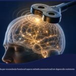 Ilustração de um cérebro humano com bobina de estimulação magnética transcraniana e conexões neurais douradas destacadas, representando a TMS guiada por ressonância funcional na depressão resistente.