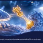 Ilustração médica em tons de azul e dourado mostrando um nanobody (gefurulimab) interceptando proteínas do complemento C5 em uma junção neuromuscular, simbolizando inovação e rapidez no tratamento da miastenia gravis
