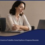 Mulher sentada diante de um notebook no trabalho, com os braços iluminados em dourado para simbolizar a fraqueza muscular variável da miastenia gravis.