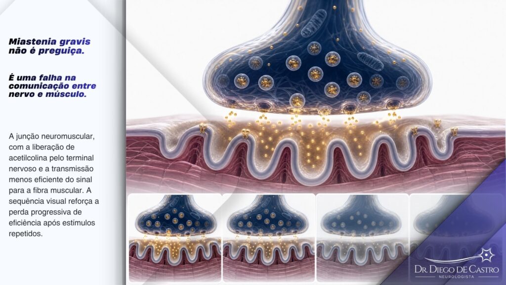 Ilustração médica da junção neuromuscular na miastenia gravis, mostrando neurotransmissores entre o nervo e a fibra muscular e uma transmissão enfraquecida do sinal.