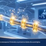 Ilustração médica futurista em tons de azul e dourado mostrando a interrupção de sinais de dor em uma fibra nervosa, representando a ação da suzetrigina nos canais de sódio Nav1.8.