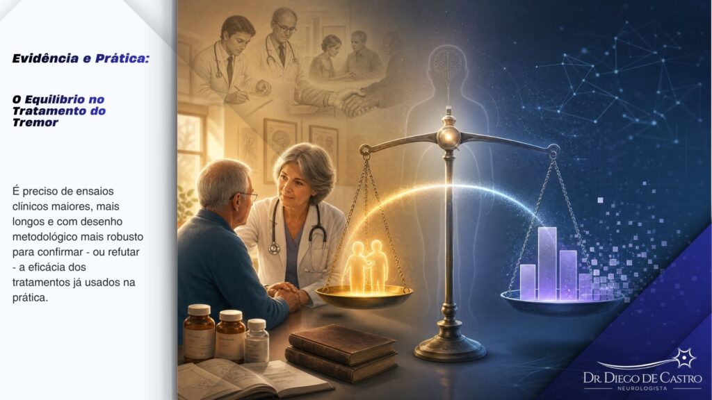 Composição visual comparando uma consulta médica humanizada (experiência clínica) com um gráfico de barras digital (certeza científica), unidos por uma balança que simboliza o equilíbrio do framework GRADE.