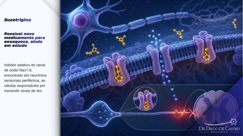 Mecanismo de Ação da Suzetrigina nos Canais Nav1.8 Diagrama microscópico de uma membrana neuronal mostrando a suzetrigina bloqueando seletivamente os canais Nav1.8, impedindo que o sinal de dor chegue ao sistema nervoso central.