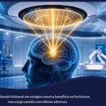 Ilustração médica de alta tecnologia mostrando feixes de energia dourada convergindo com precisão no cérebro de um paciente, simbolizando o ultrassom focado para Parkinson em um ambiente clínico moderno.
