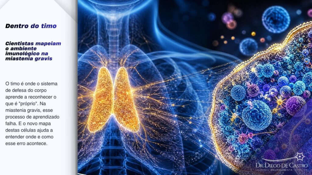 Representação artística e científica de um atlas celular do timo, mostrando a complexidade de milhares de células coloridas, simbolizando a descoberta da Northwestern Medicine na Miastenia Gravis.