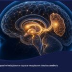 Cérebro humano com circuitos neurais luminosos relacionando gânglios da base, tálamo e córtex insular na síndrome de Tourette.