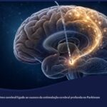 Ilustração médica de um cérebro humano com eletrodo de estimulação cerebral profunda e conexão elétrica luminosa entre o núcleo subtalâmico e o córtex, em referência ao Parkinson.