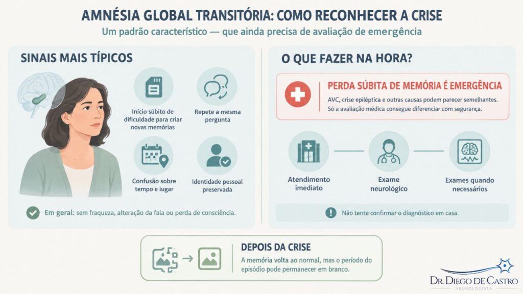 Amnésia Global Transitória Como Reconhecer Infográfico sobre como reconhecer uma crise de amnésia global transitória. À esquerda, uma pessoa consciente e preocupada é acompanhada por quatro sinais típicos: início súbito de dificuldade para criar novas memórias, repetição da mesma pergunta, confusão sobre tempo e lugar e identidade pessoal preservada. A imagem informa que, em geral, não há fraqueza, alteração da fala ou perda de consciência. À direita, um alerta destaca que perda súbita de memória é emergência, pois AVC, crise epiléptica e outras causas podem parecer semelhantes; o caminho ilustrado orienta atendimento imediato, exame neurológico e exames quando necessários. Na parte inferior, o quadro “Depois da crise” explica que a memória volta ao normal, mas o período vivido durante o episódio pode permanecer em branco.