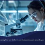 Pesquisador trabalhando em laboratório de genética, manuseando microscópio e amostras de células-tronco.