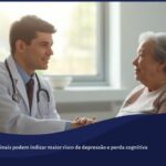 Médico conversando com paciente idoso em consultório de reabilitação, ambiente acolhedor.