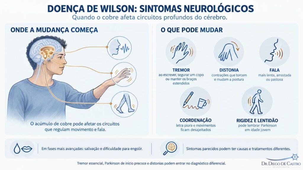 Infográfico médico horizontal em fundo cinza-claro intitulado “Doença de Wilson: sintomas neurológicos”. O subtítulo diz: “Quando o cobre afeta circuitos profundos do cérebro.” À esquerda, uma ilustração de uma pessoa jovem vista de perfil mostra o cérebro com estruturas profundas destacadas em tom cobre. Linhas finas conectam essas regiões a ícones de fala, mão e pernas, representando os circuitos envolvidos no controle do movimento e da fala. A legenda informa que o acúmulo de cobre pode afetar os circuitos que regulam movimento e fala. À direita, o painel “O que pode mudar” apresenta cinco sintomas com ícones: tremor ao escrever, segurar um copo ou manter os braços estendidos; distonia, com contrações que torcem e mudam a postura; fala mais lenta, arrastada ou pastosa; dificuldade de coordenação, com piora da letra e movimentos mais desajeitados; e rigidez e lentidão, que podem lembrar Parkinson em idade jovem. Na parte inferior, uma faixa informa que, em fases mais avançadas, podem ocorrer salivação e dificuldade para engolir, e reforça que sintomas parecidos podem ter causas e tratamentos diferentes. No rodapé, o material destaca que tremor essencial, Parkinson de início precoce e distonias podem entrar no diagnóstico diferencial.
