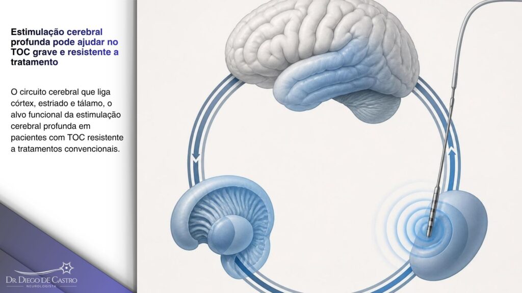 Infográfico mostrando o circuito cerebral córtico-estriado-tálamo-cortical com um eletrodo de estimulação cerebral profunda emitindo pulsos elétricos em um dos pontos do circuito. Infográfico mostrando o circuito cerebral córtico-estriado-tálamo-cortical com um eletrodo de estimulação cerebral profunda emitindo pulsos elétricos em um dos pontos do circuito.