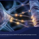 Ilustração científica de uma fibra nervosa periférica conectada a uma célula glial por meio de nanotubos finos, com pontos de luz dourada representando transferência de energia mitocondrial entre as células.