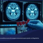 Mãos de profissional de laboratório manuseando tubos de sangue, com exame de ressonância magnética do tronco cerebral ao fundo.