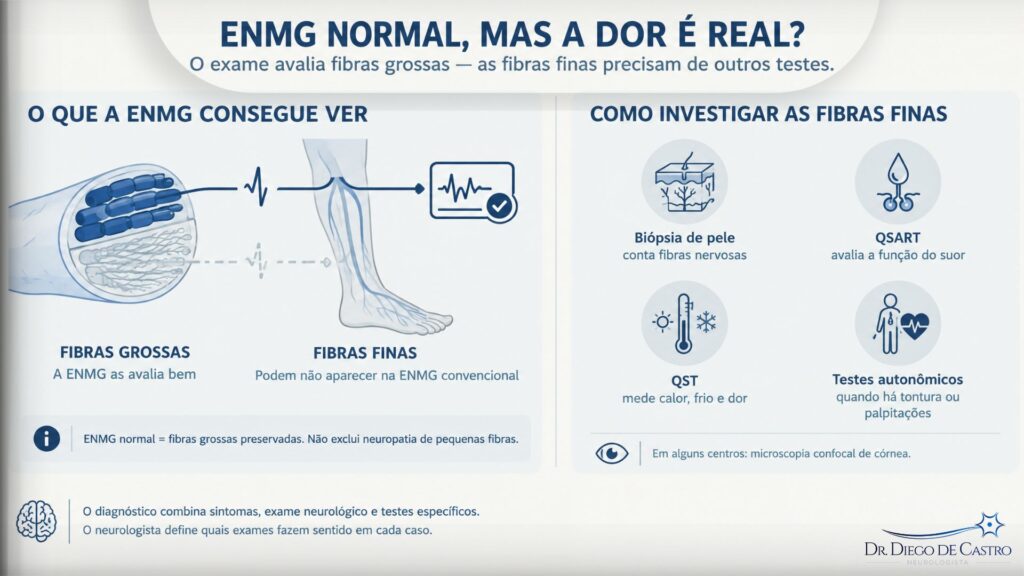 Infográfico médico em fundo cinza-claro com detalhes em azul-escuro intitulado “ENMG normal, mas a dor é real?”. O subtítulo explica que a eletroneuromiografia avalia fibras grossas e que as fibras finas precisam de outros testes. À esquerda, uma ilustração simplificada mostra um nervo e uma perna: fibras grossas, mais espessas, conduzem um sinal até um monitor de ENMG com marca de confirmação, indicando que “a ENMG as avalia bem”. Abaixo, fibras finas aparecem como terminações delicadas em cinza e não chegam ao monitor, com a indicação de que podem não aparecer na ENMG convencional. Uma faixa informativa reforça: “ENMG normal = fibras grossas preservadas. Não exclui neuropatia de pequenas fibras.” À direita, o painel “Como investigar as fibras finas” apresenta quatro testes com ícones: biópsia de pele, que conta fibras nervosas; QSART, que avalia a função do suor; QST, que mede calor, frio e dor; e testes autonômicos, indicados quando há tontura ou palpitações. Abaixo, há a observação de que alguns centros oferecem microscopia confocal de córnea. No rodapé, o material informa que o diagnóstico combina sintomas, exame neurológico e testes específicos, definidos pelo neurologista conforme cada caso.