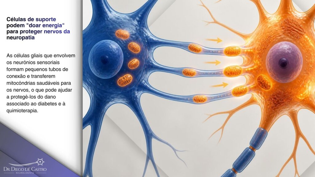 Infográfico mostrando uma célula glial satélite transferindo mitocôndrias, representadas como estruturas ovais alaranjadas, através de nanotubos de tunelamento para um neurônio sensorial vizinho. Infográfico mostrando uma célula glial satélite transferindo mitocôndrias, representadas como estruturas ovais alaranjadas, através de nanotubos de tunelamento para um neurônio sensorial vizinho.