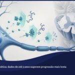 Ilustração de um neurônio motor estilizado com fragmentos de proteína anômala sendo bloqueados, representando o mecanismo de ação do tofersen na ELA ligada ao gene SOD1.