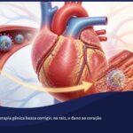 Ilustração de um coração humano recebendo partículas de vetor viral de terapia gênica carregando o gene da frataxina, usado no tratamento experimental da Ataxia de Friedreich.