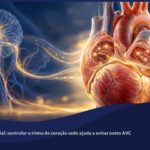 Ilustração de um coração anatômico e um cérebro conectados por vasos luminosos, em fundo azul-escuro e dourado.