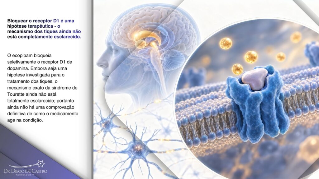 Ilustração conceitual de um antagonista bloqueando o receptor D1 de dopamina em um neurônio estriatal, mecanismo estudado para o ecopipam.