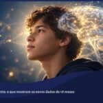 Jovem em perfil diante de um cérebro iluminado por redes neurais, em imagem simbólica sobre a pesquisa do ecopipam na síndrome de Tourette.