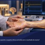 Médico avalia a mão e o antebraço de um paciente durante investigação neurológica, com representação dos nervos e equipamento de eletroneuromiografia ao fundo.