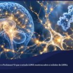 Silhueta de um cérebro em azul com uma rede neuronal dourada e uma estrutura molecular, simbolizando a pesquisa sobre Parkinson e o estudo LUMA.