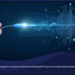 Ilustração de um eletrodo de eletroneuromiografia próximo a um antebraço, com um sinal elétrico se conectando a um padrão digital abstrato representando inteligência artificial.
