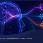 Ilustração conceitual de uma cabeça humana em perfil sobreposta por uma rede neural de inteligência artificial em tons de roxo e azul, convergindo para quatro grupos de pontos coloridos que representam subgrupos de enxaqueca.