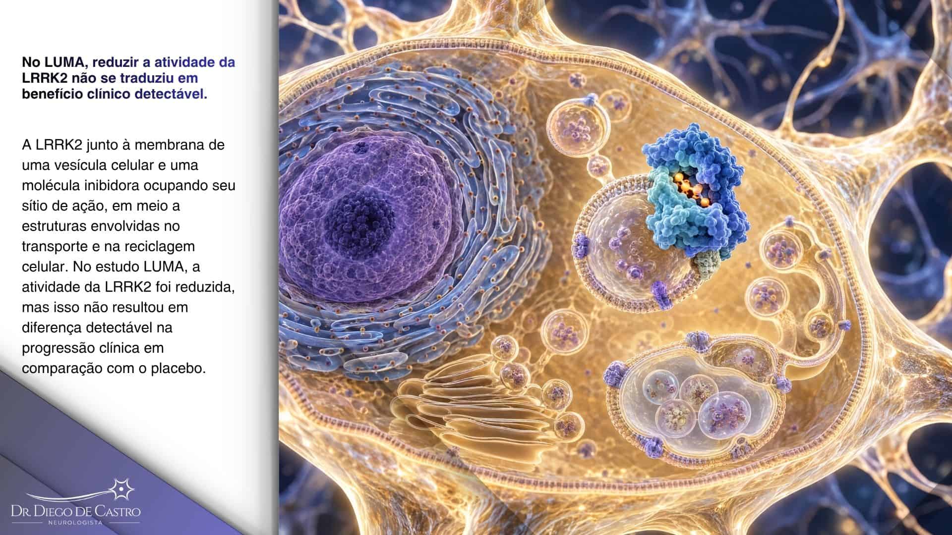 LRRK2, BIIB122 e reciclagem celular no Parkinson | Dr. Diego de Castro Ilustração conceitual de uma célula nervosa com vesículas e uma estrutura molecular associada à LRRK2 ligada a uma pequena molécula inibidora.