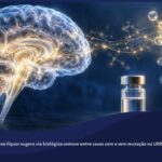 Representação de um cérebro iluminado conectado a uma amostra de líquor, simbolizando a pesquisa de biomarcadores da via LRRK2 na doença de Parkinson.