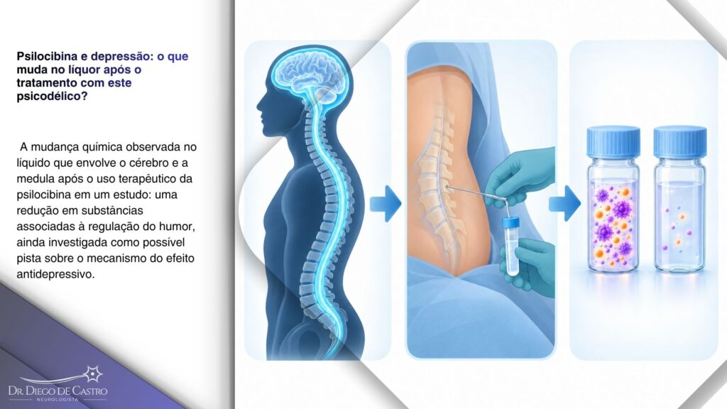 Infográfico em três etapas: silhueta da cabeça e da coluna com o líquor destacado, coleta de líquor por punção lombar e dois frascos comparando antes e depois, com menos partículas no segundo, representando a redução de duas substâncias medidas no estudo.