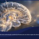 Cérebro translúcido com um eletrodo de estimulação cerebral profunda direcionado a uma região cerebral profunda.