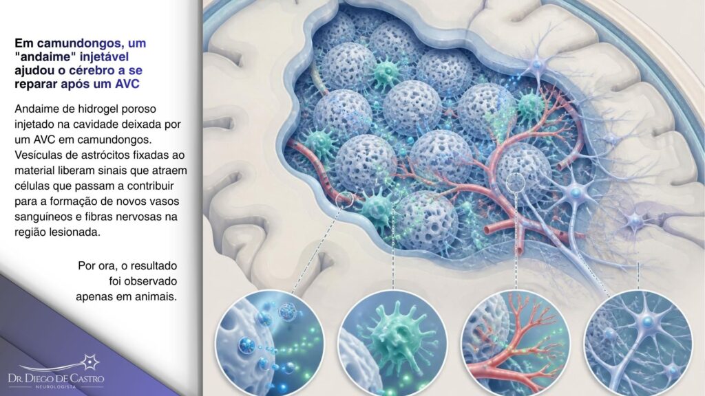 Infográfico mostrando uma cavidade cerebral pós-AVC preenchida por um andaime poroso de hidrogel com vesículas que liberam sinais para atrair células de defesa e estimular a formação de novos vasos sanguíneos e fibras nervosas. Infográfico mostrando uma cavidade cerebral pós-AVC preenchida por um andaime poroso de hidrogel com vesículas que liberam sinais para atrair células de defesa e estimular a formação de novos vasos sanguíneos e fibras nervosas.