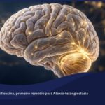Cérebro em perfil com o cerebelo iluminado em dourado sobre fundo azul-marinho.