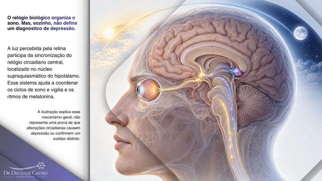 Relógio biológico e regulação do sono | Dr. Diego de Castro Ilustração anatômica lateral do cérebro mostrando a retina, o trajeto do nervo óptico, uma região destacada do hipotálamo e a glândula pineal, como representação do sistema circadiano.